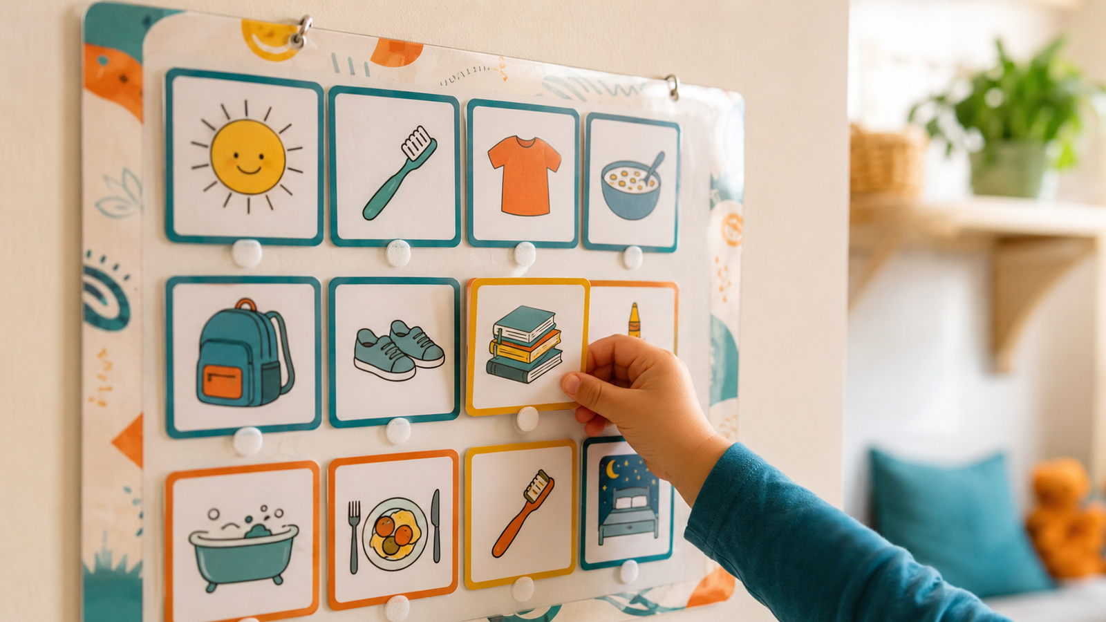 A toddler following a picture routine chart on the wall