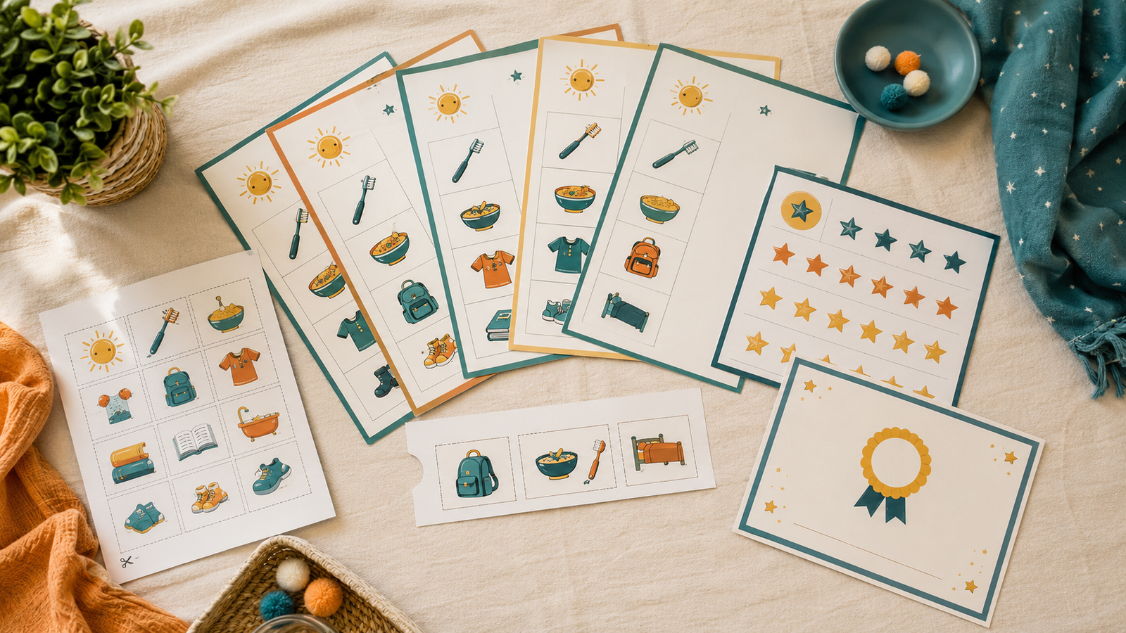 Preview of the My Day My Way printable routine pages fanned out