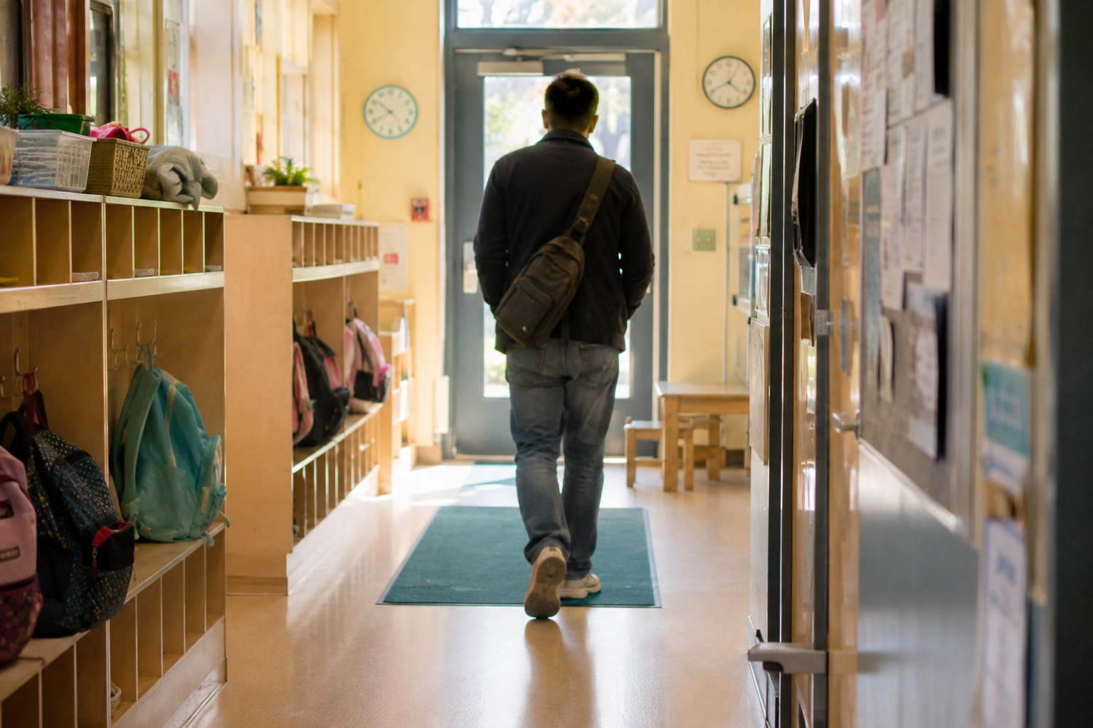 Adult's back walking away down a daycare hallway toward a sunlit exit