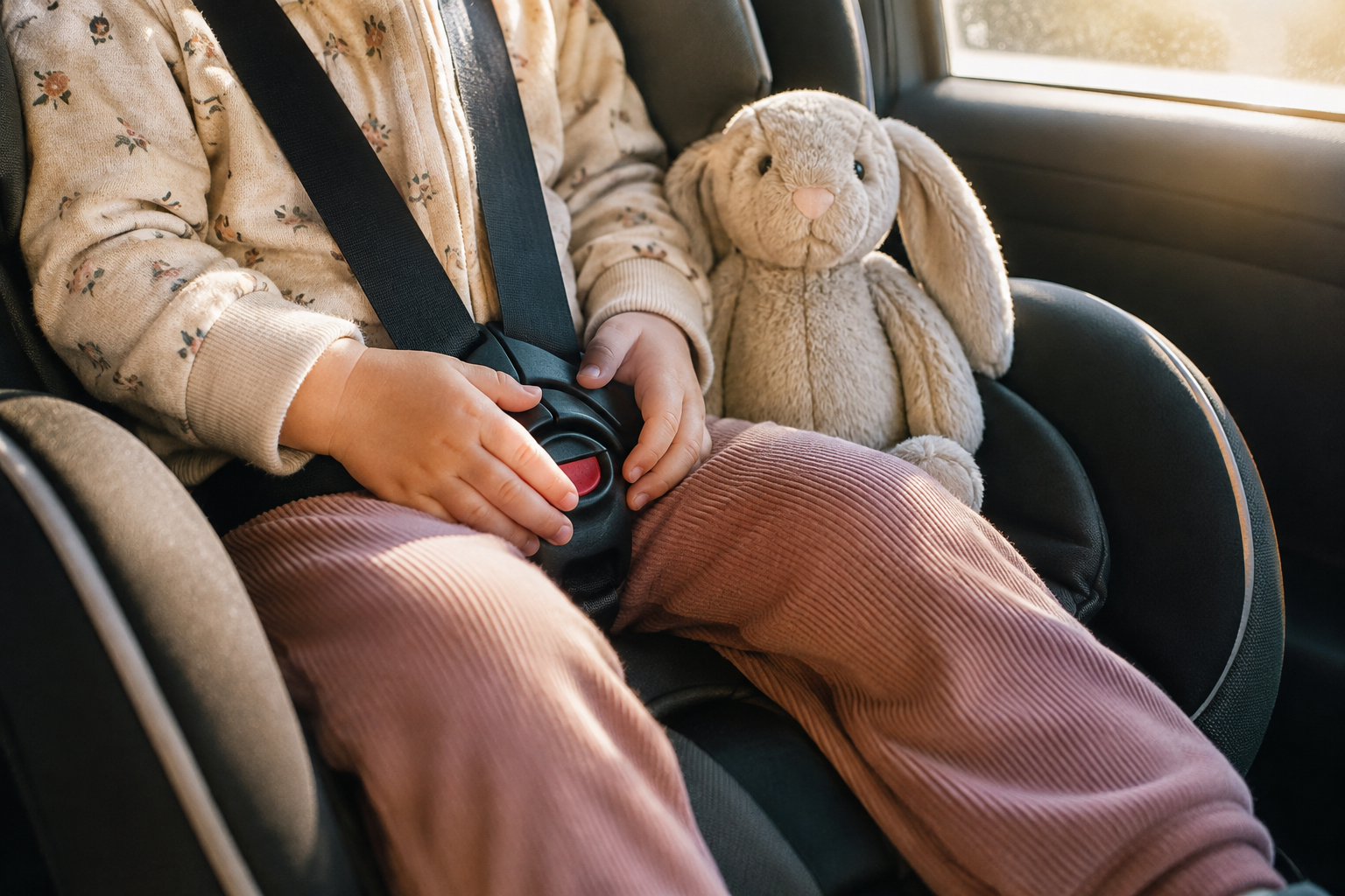 Toddler's hands and lap in a car seat with a small stuffed animal tucked beside them, morning light
