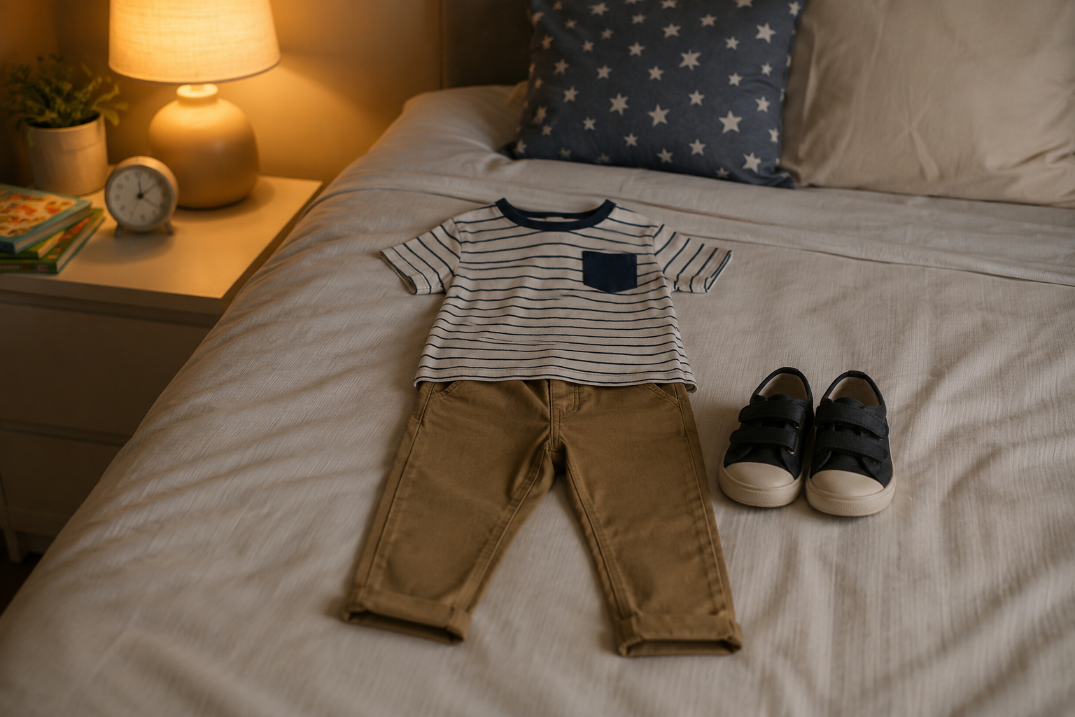 A small outfit neatly laid out on a bed the evening before, soft lamp light