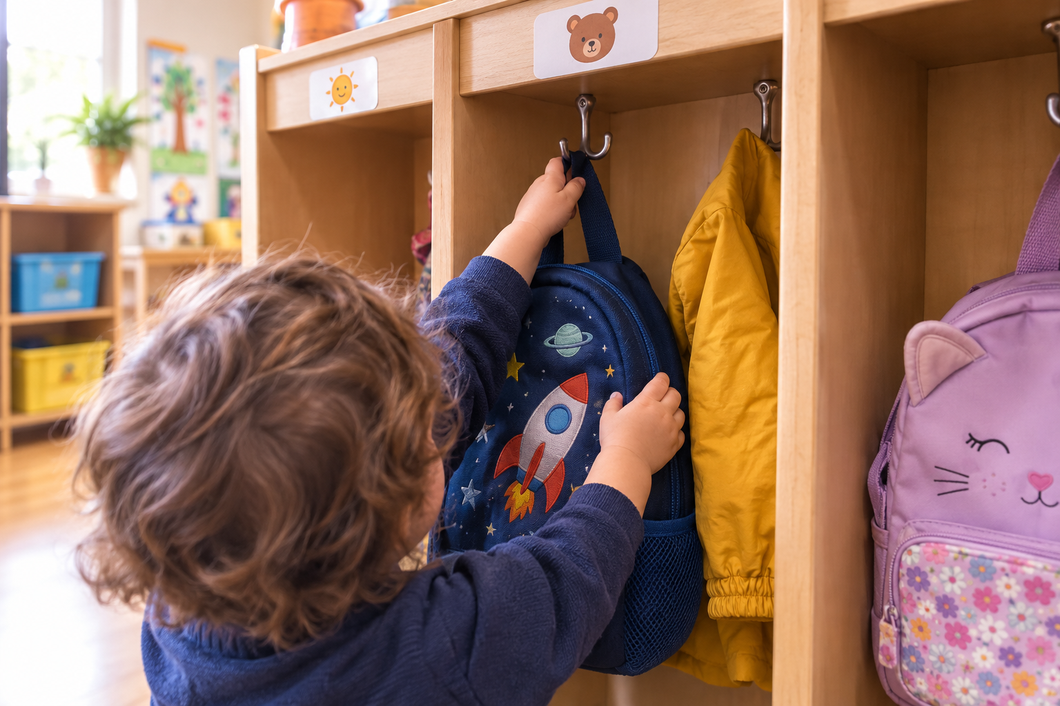 Small hands hanging a backpack and jacket on a daycare cubby hook