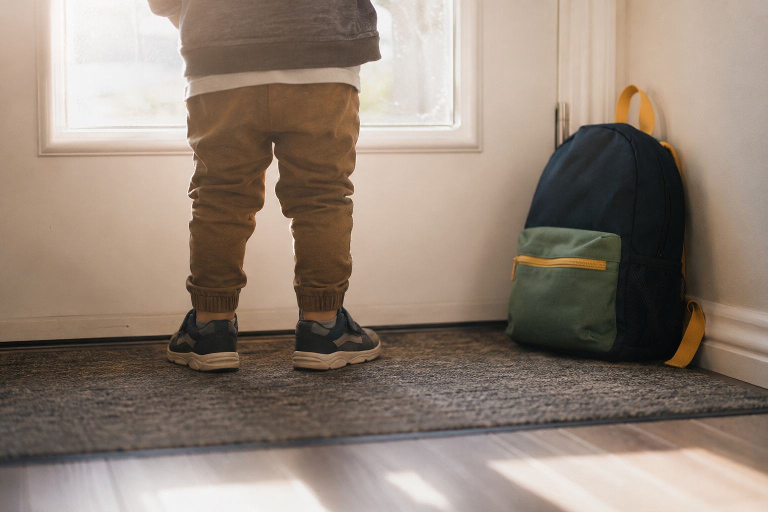 Toddler's feet in shoes standing by the front door, fully dressed, backpack nearby, morning light