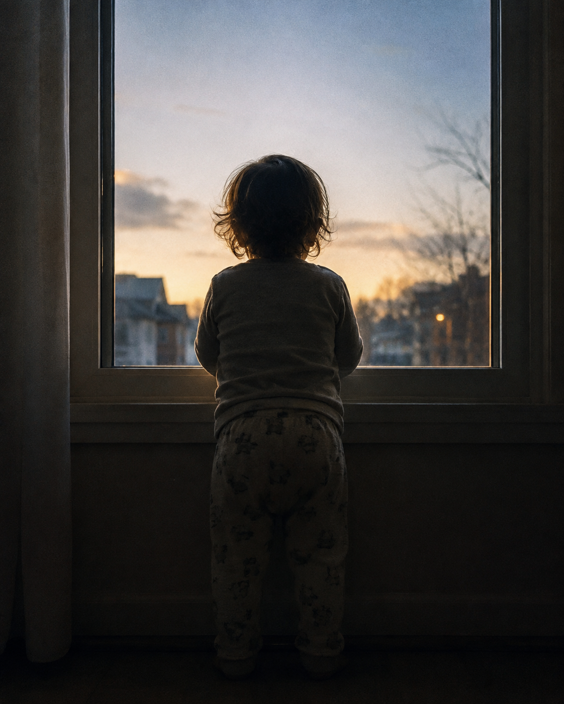 Toddler silhouette looking out a window at early morning light, back to camera