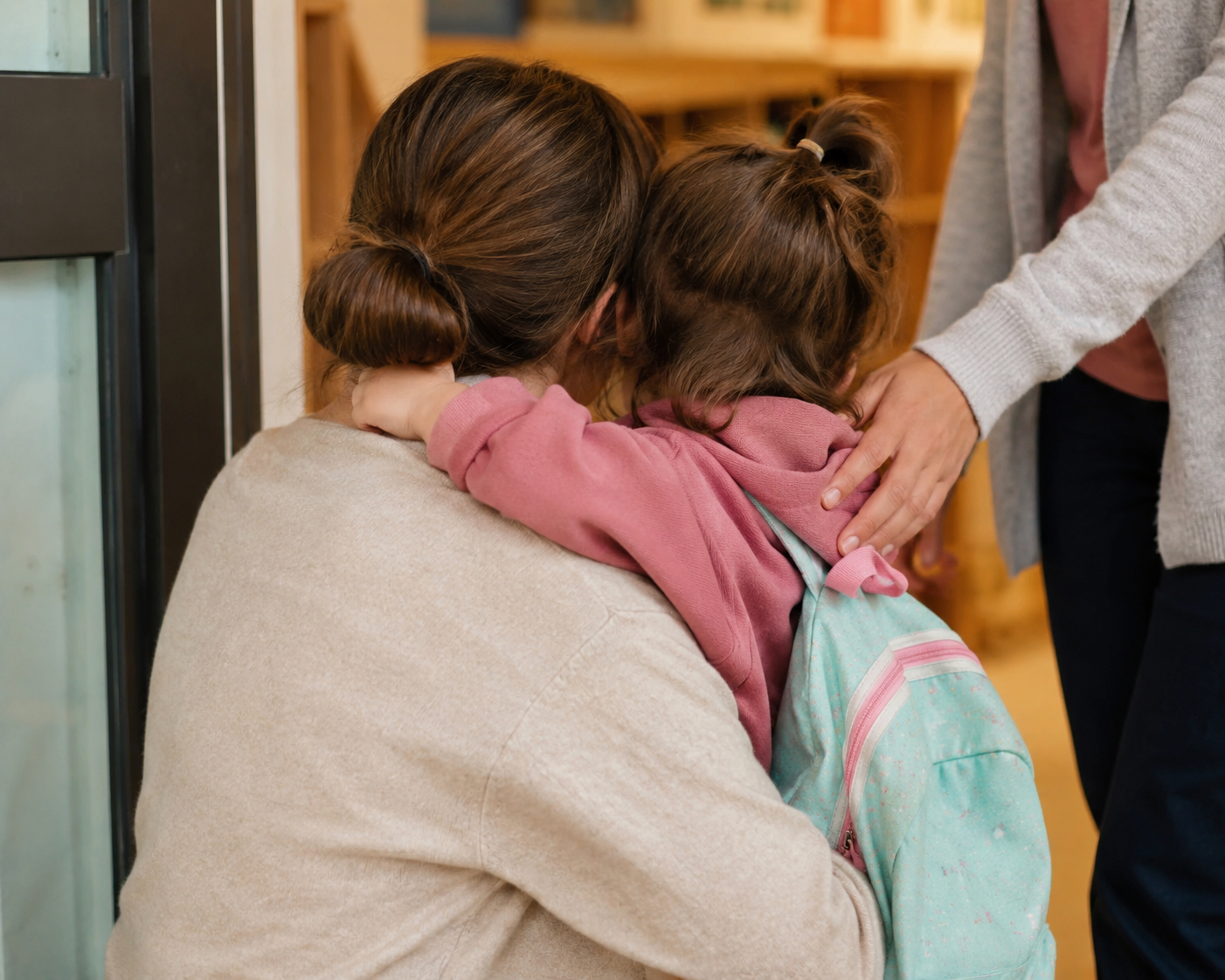 Adult and toddler in a brief hug at a doorway, teacher's hand visible nearby, seen from behind