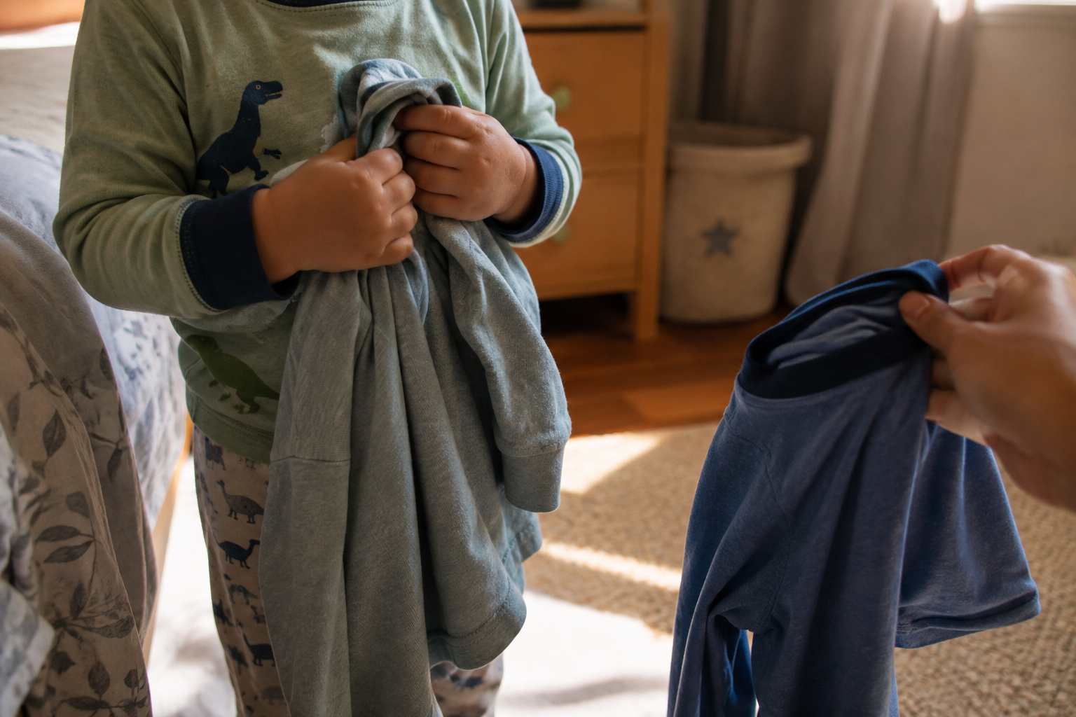 Toddler's hands clutching a pajama shirt tightly while an adult's hand offers a different shirt, low angle