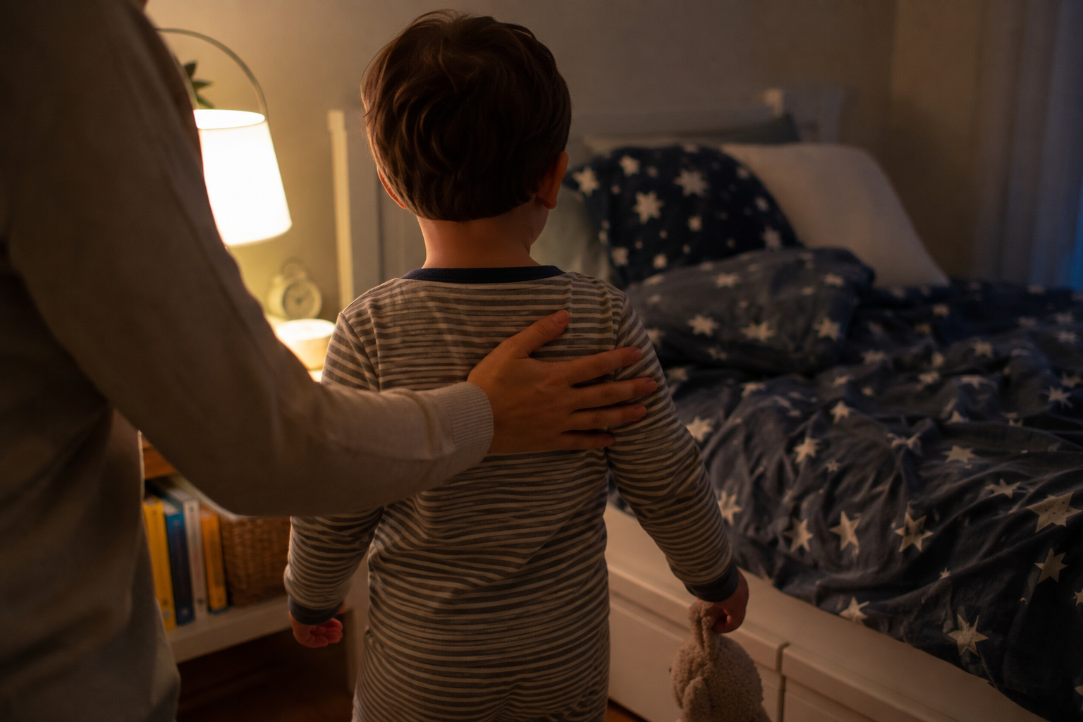 Parent calmly redirecting toddler at naptime