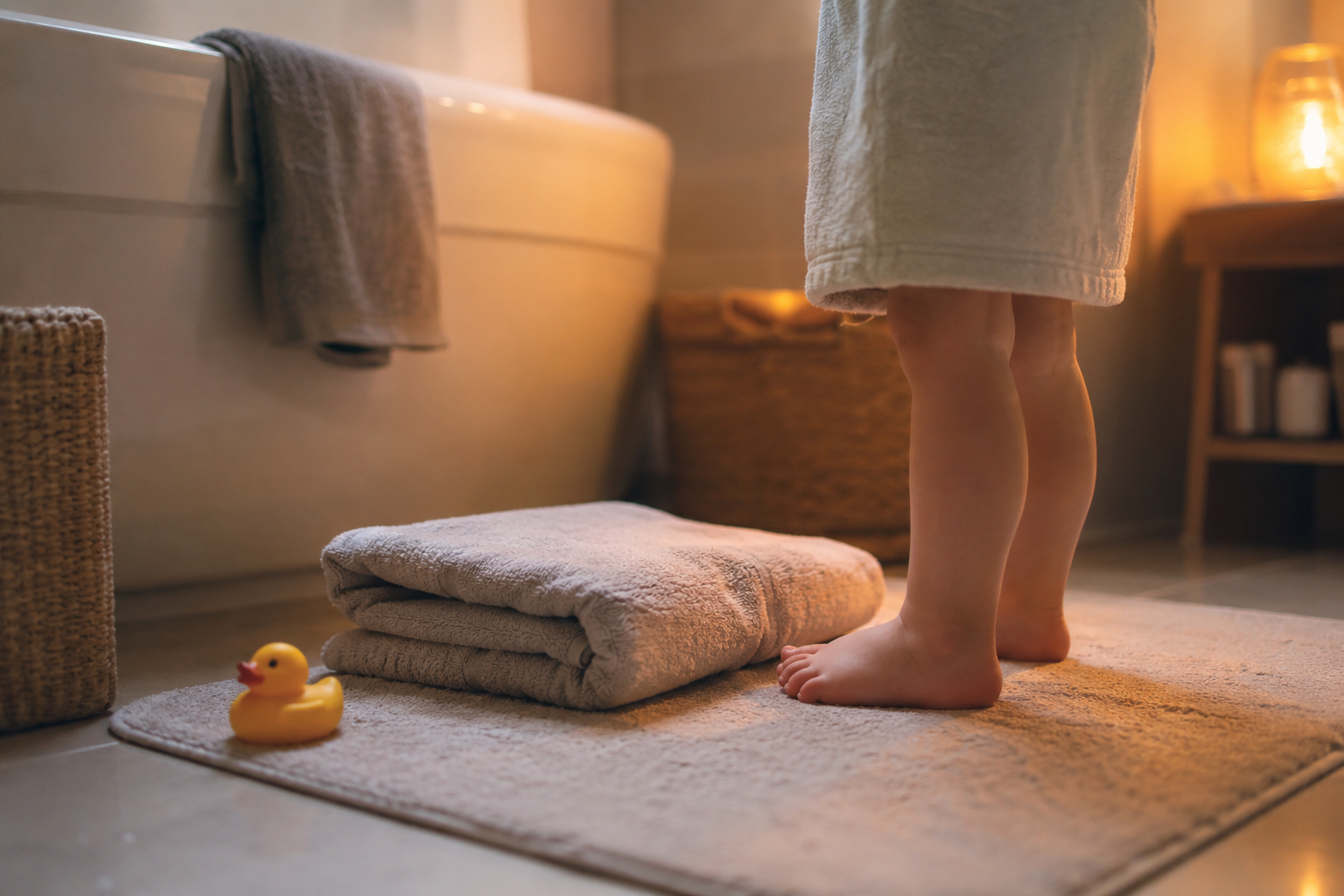 Warm, dim bathroom scene, toddler's feet on a bath mat, towel ready, calm Sunday evening mood