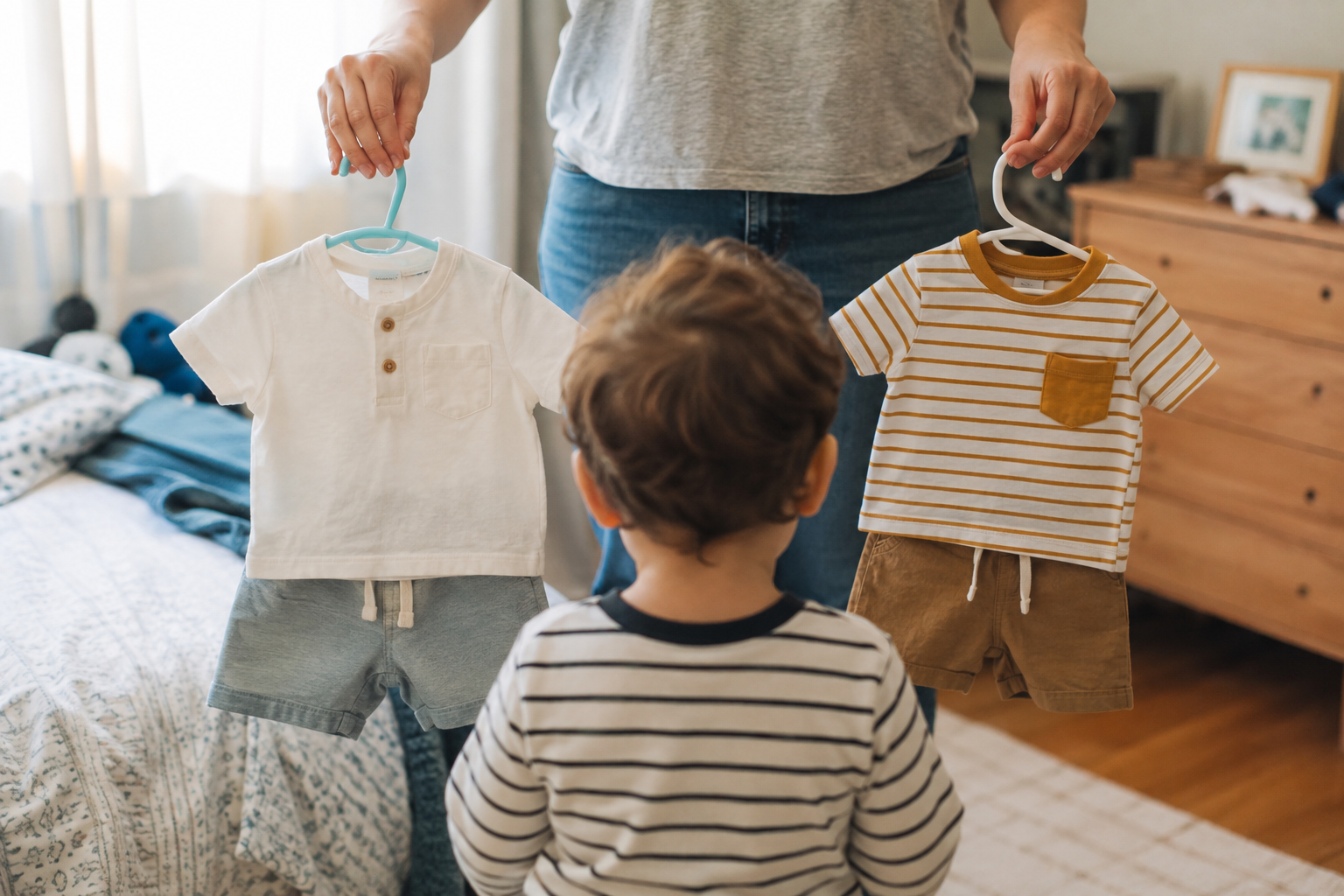 Two small outfits held up side by side in front of a toddler seen from behind, bedroom morning light