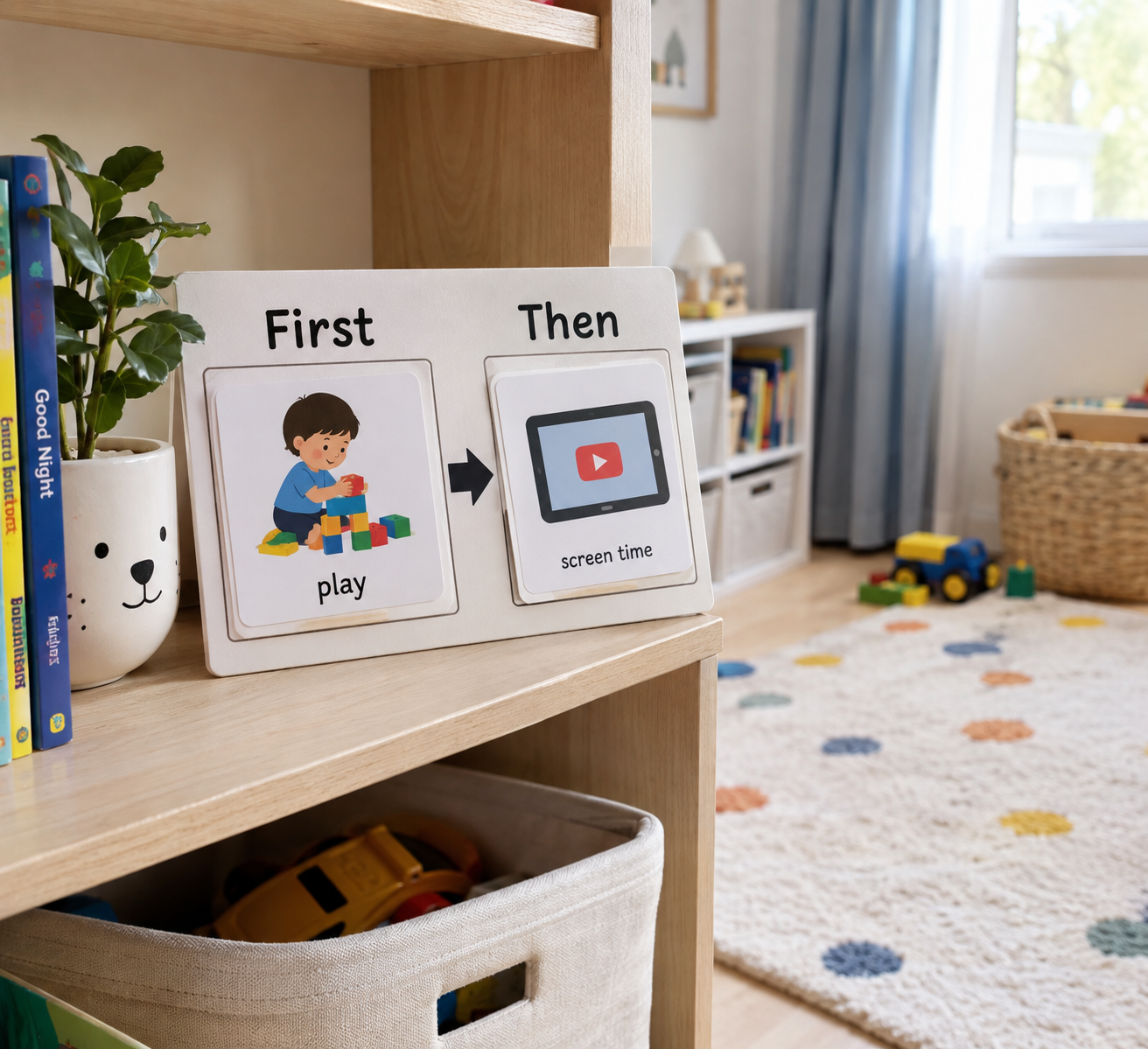 A first-then routine board showing screen time followed by a next activity