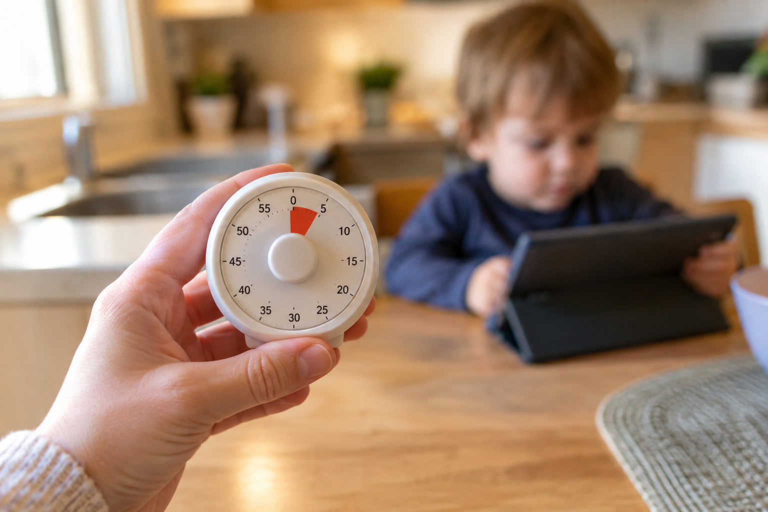 Parent checking a kitchen timer before ending a child's screen time