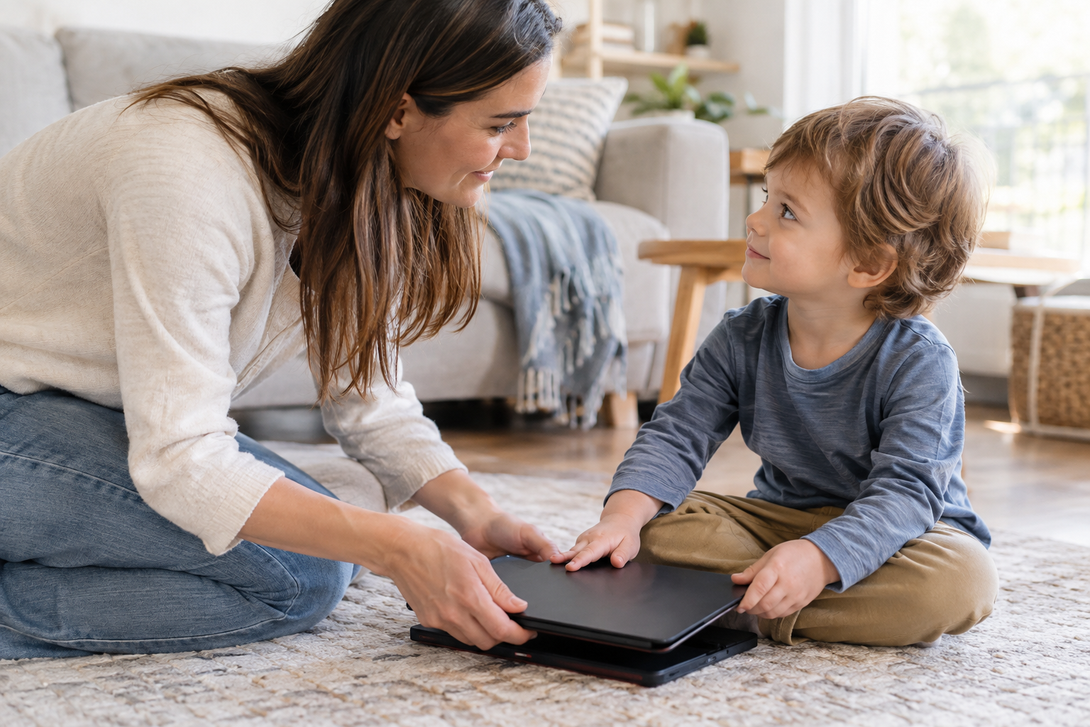 Parent kneeling at a toddler's eye level while turning off a tablet together