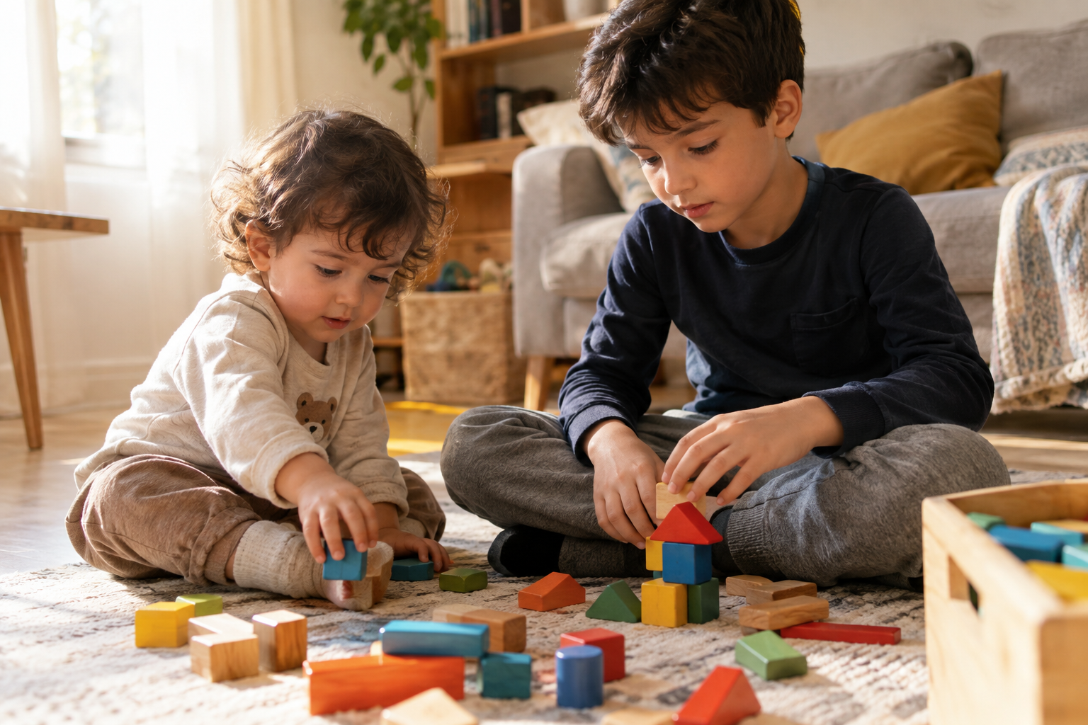 Two siblings of different ages playing together after screen time ends