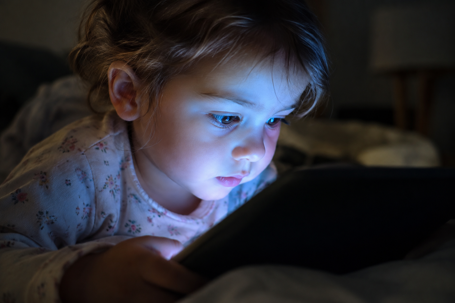 Toddler absorbed in a tablet, lit by the glow of the screen