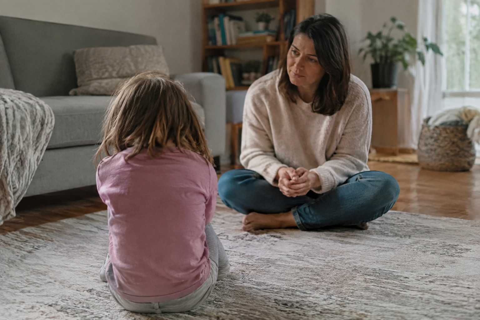 Parent sitting calmly nearby while a toddler has a meltdown on the floor