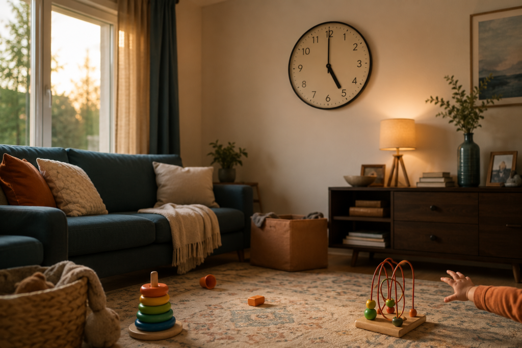 Early evening living room showing the start of the toddler witching hour