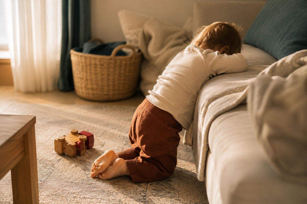 Overtired toddler slumped on the sofa during the late afternoon