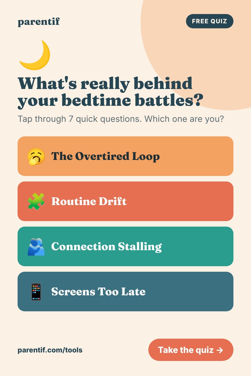 What's really behind your bedtime battles? - free tap-only parenting quiz from Parentif, Pinterest pin