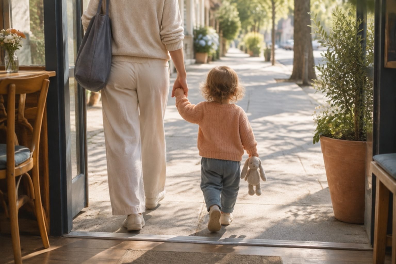 Parent and toddler walking out of a cafe hand in hand after a calm break