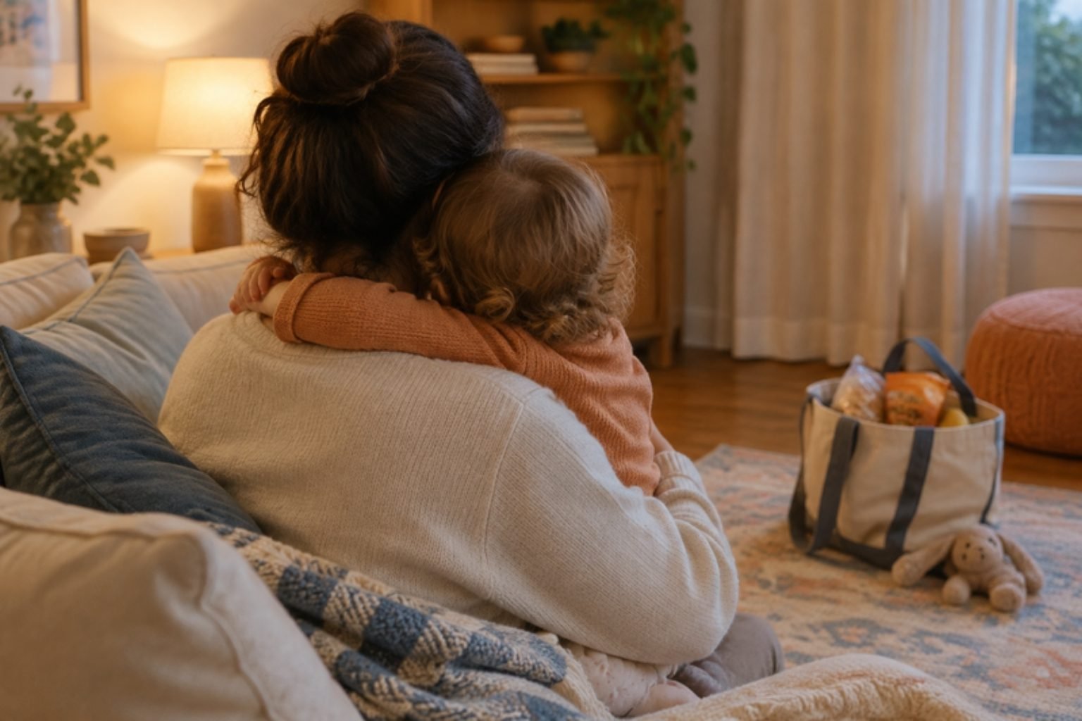 Parent hugging a toddler on the sofa after a hard outing