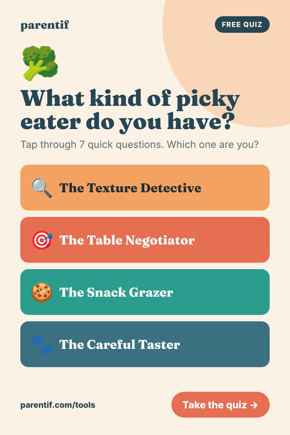 What kind of picky eater do you have? - free tap-only parenting quiz from Parentif, Pinterest pin