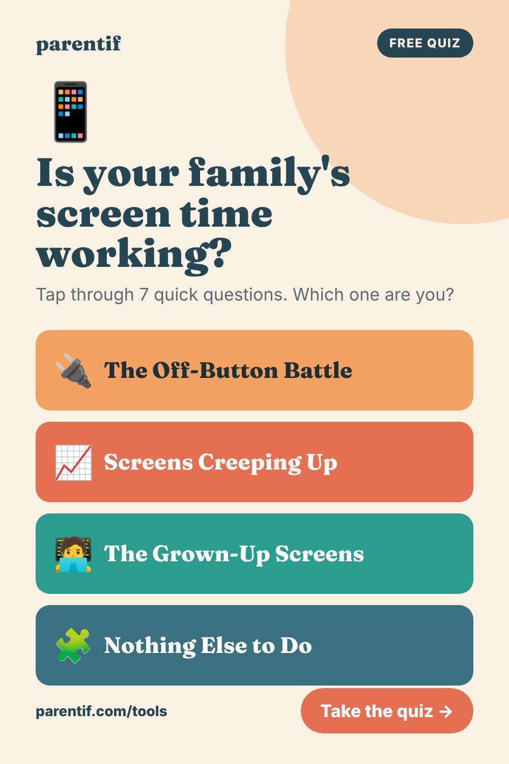 Is your family's screen time working? - free tap-only parenting quiz from Parentif, Pinterest pin