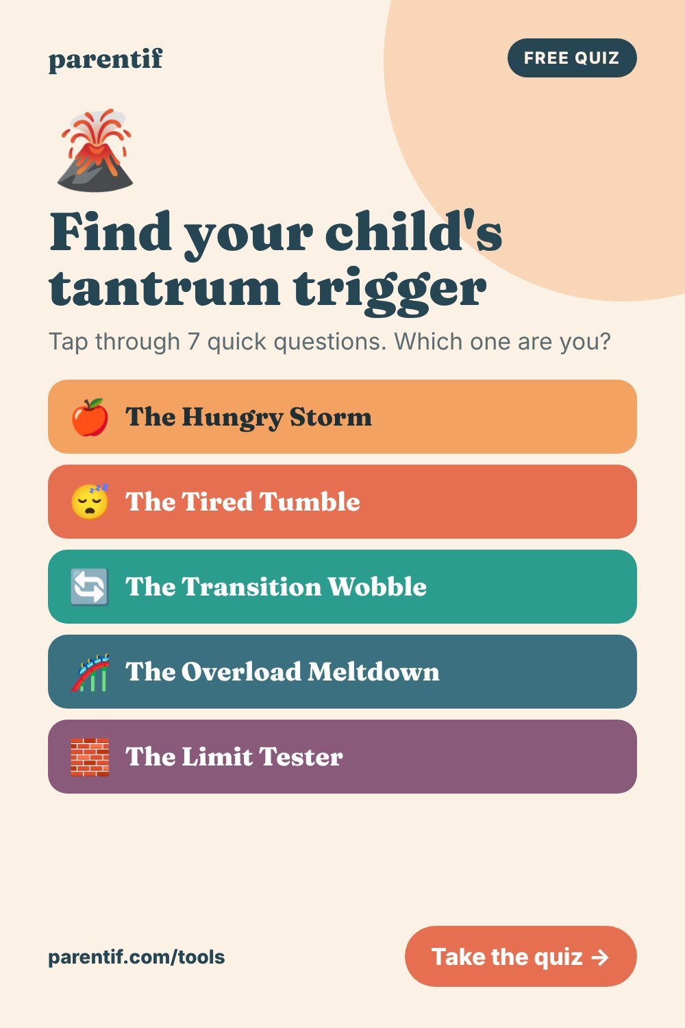 Find your child's tantrum trigger - free tap-only parenting quiz from Parentif, Pinterest pin