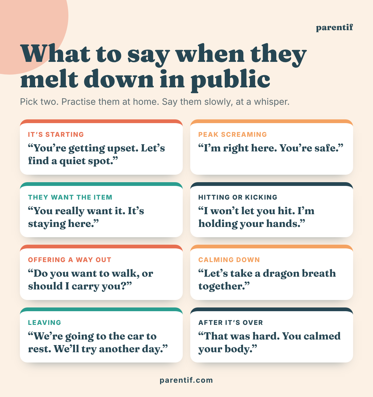 Calm parent scripts to use during a toddler meltdown in public, printable card
