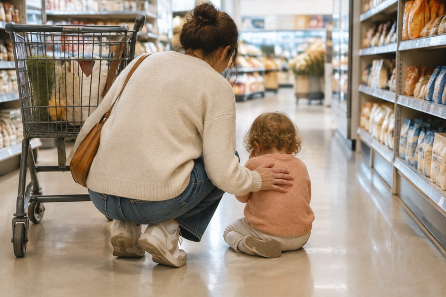 Parent crouching beside a toddler having a meltdown in public in a supermarket aisle, seen from behind