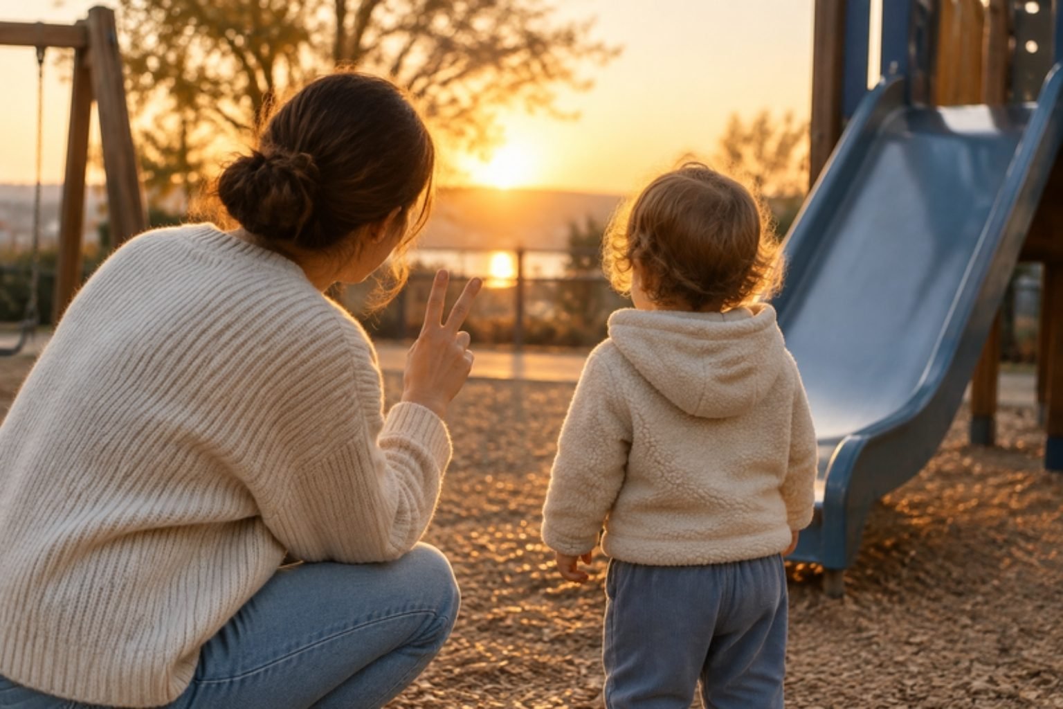 Parent giving a toddler a two-finger countdown before leaving the playground